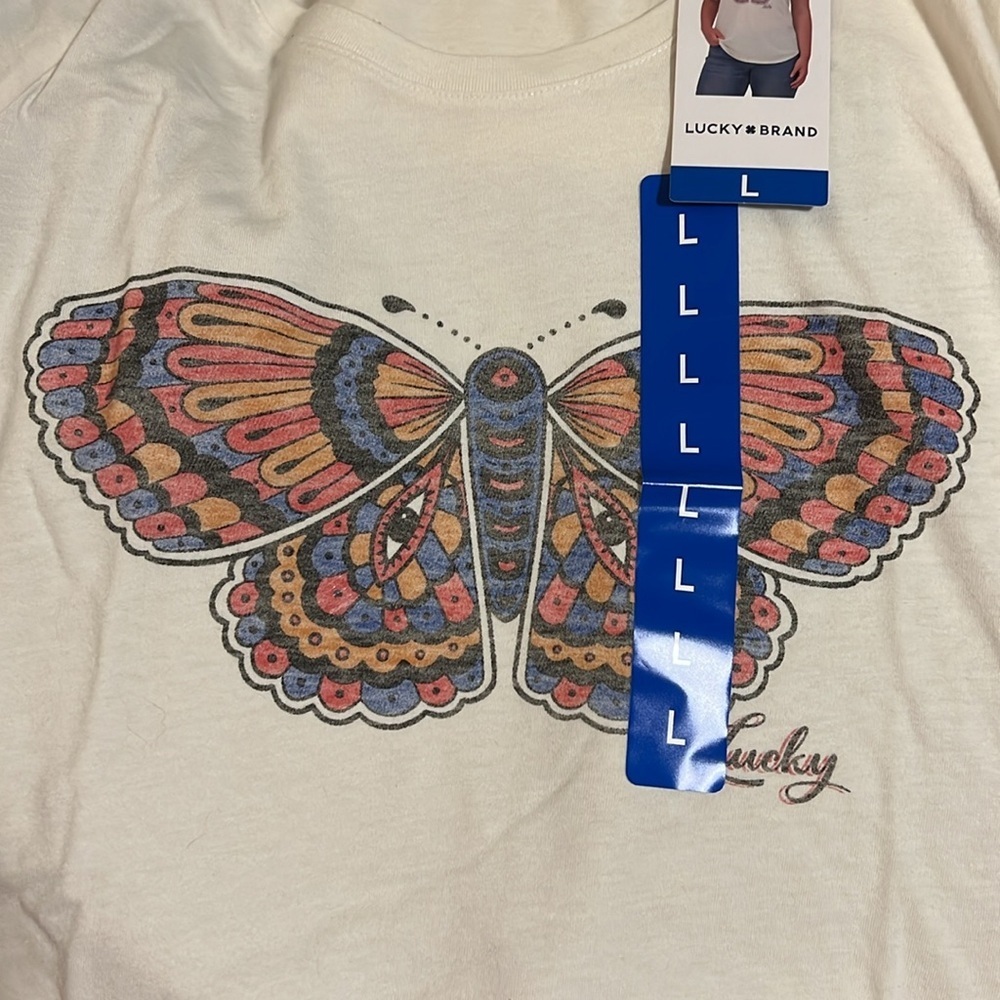 Lucky Brand Cream Scoop Neck Tee with Purple and Orange Butterfly - Picture 5 of 7